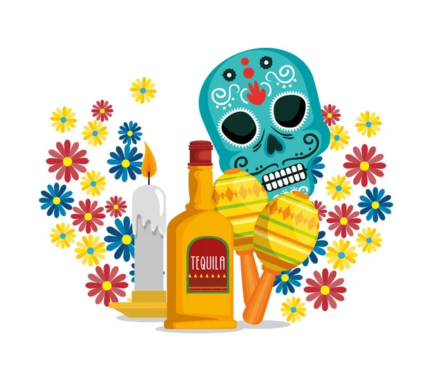 Skull with flowers and tequila to celebrate event — Stock Vector