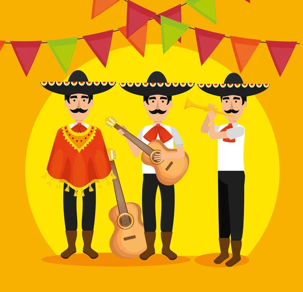 Hombres mariachi con instrumentos y banner de fiesta — Vector de stock
