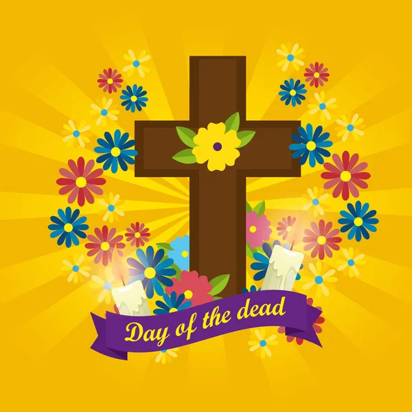 Cross, gyertyák és virágok a halottak napja — Stock Vector