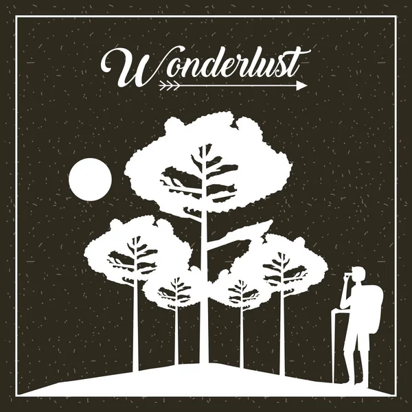 Wanderlust Voyage Homme Prenant Des Arbres Photo Lune Vecteur Illustration — Image vectorielle