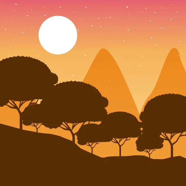 Wanderlust Ταξίδια Τοπία Αστέρια Φεγγάρι Δέντρα Διανυσματικά Εικονογράφηση — Διανυσματικό Αρχείο