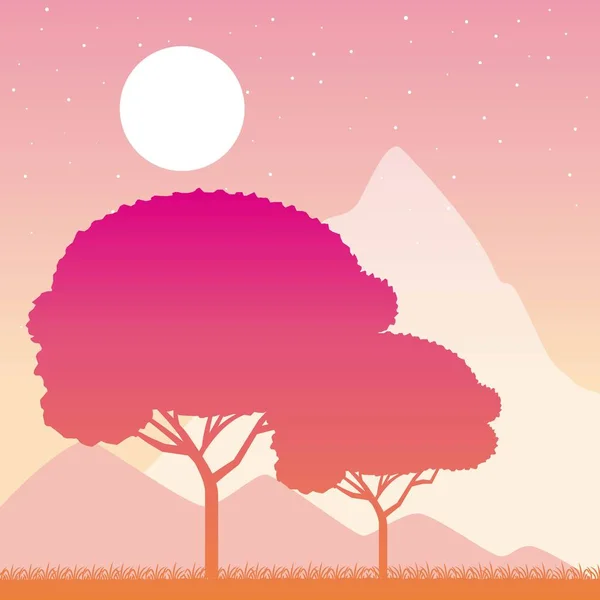 Εικονογράφηση Φορέα Βουνά Ηλιοβασίλεμα Δέντρα Τοπία Ταξίδι Περιπλάνησης — Διανυσματικό Αρχείο