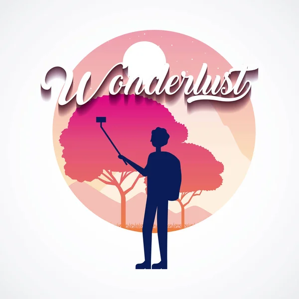 Wanderlust Reizen Man Nemen Selfie Landschap Bomen Vectorillustratie — Stockvector