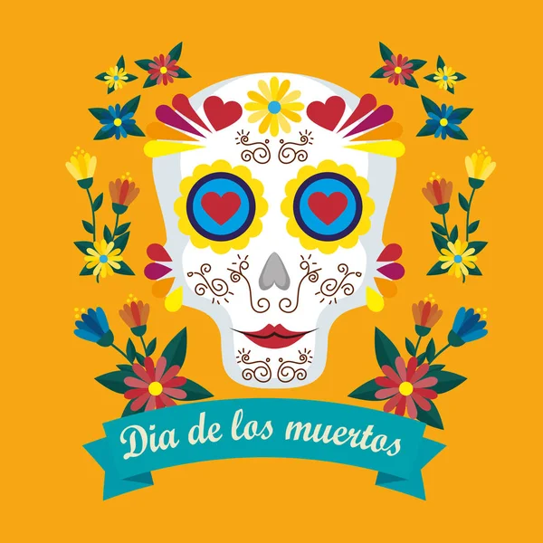 Máscara de horror con flores al día de los muertos — Vector de stock