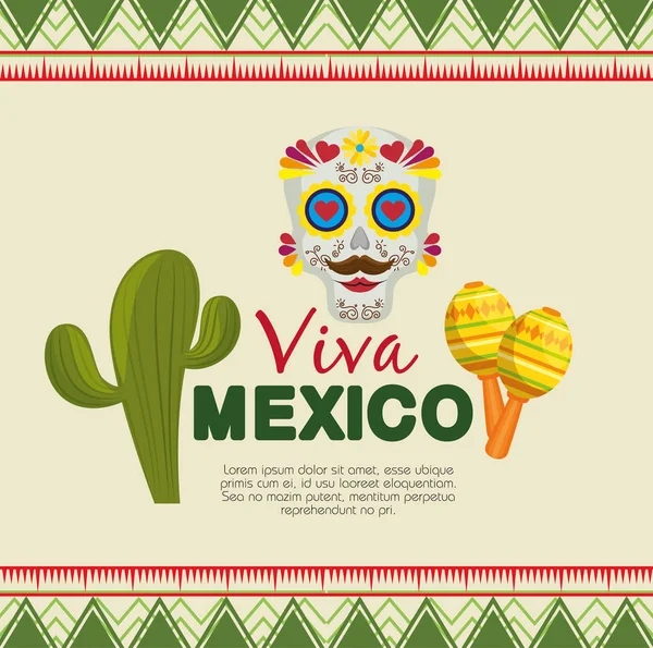 Máscara de cráneo con cactus y maracas para la celebración del evento — Vector de stock