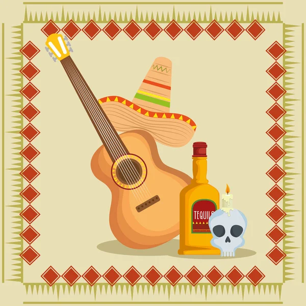 Gitara z mexican hat i tequila zdarzenie — Wektor stockowy