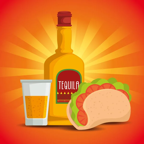 Taco Con Tequila Tradicional Comida Mexicana Vector Ilustración — Vector de stock