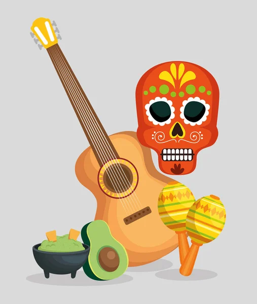 Totenkopf mit Gitarre und Maracas zur Feier des Tages — Stockvektor