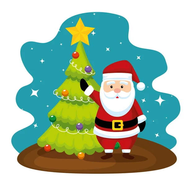 Pine tree with star and santa claus — Stock Vector