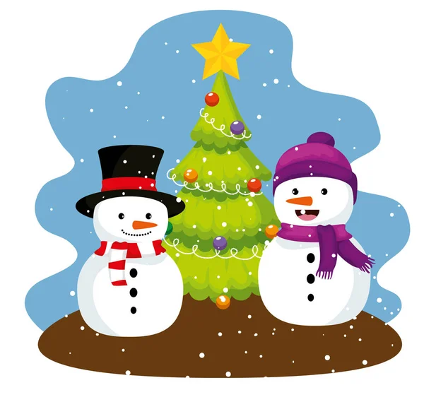 Pinheiro e bonecos de neve com chapéu e cachecol —  Vetores de Stock