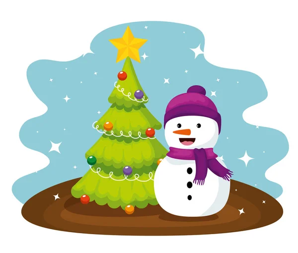 Chritsmas pine tree and snowman wearing hat — Stock Vector