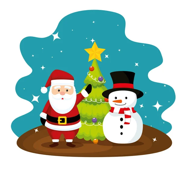 Santa claus and pine tree with snowman — Stock Vector