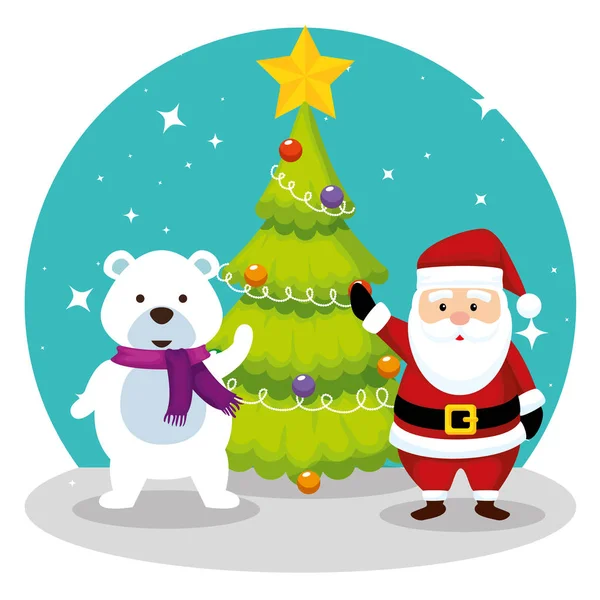 Drzewo sosny z santa claus i snow bear — Wektor stockowy