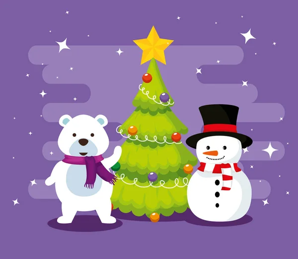 Urso de neve com pinheiro e boneco de neve —  Vetores de Stock