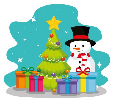 çam ağacı ve kardan adam ile hediye hediyeler