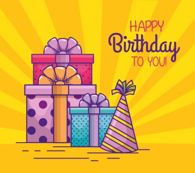 hediyeler ve parti şapkaları ile mutlu yıllar