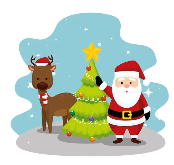 Santa Claus con ciervo y pino — Vector de stock