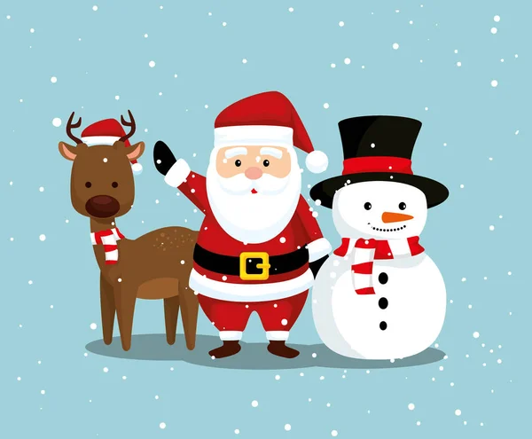 Deer with santa claus and snowman to merry christmas — Stock Vector