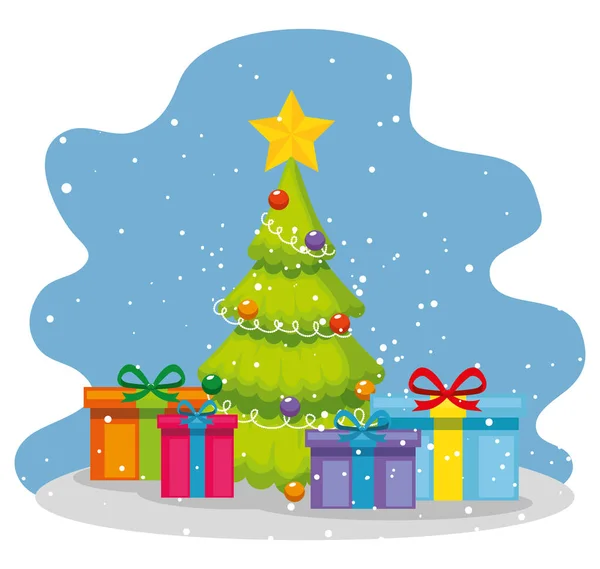 Pino con estrellas y regalos de Navidad — Vector de stock