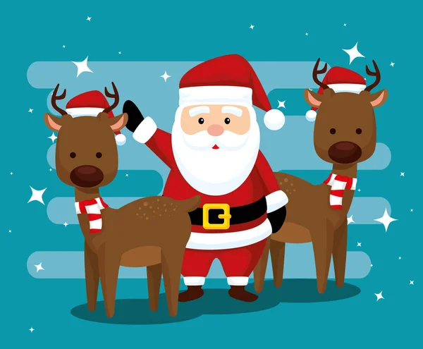 Santa Claus y ciervos con sombrero y bufanda — Vector de stock