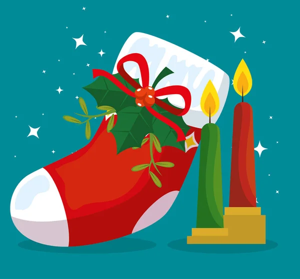 Vidám karácsony csomagtartó-val a szalag íj és gyertyák — Stock Vector