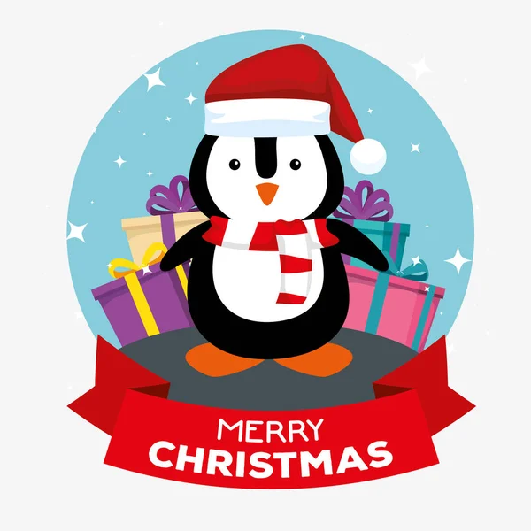 Pingüino con sombrero y regalos para feliz Navidad — Vector de stock