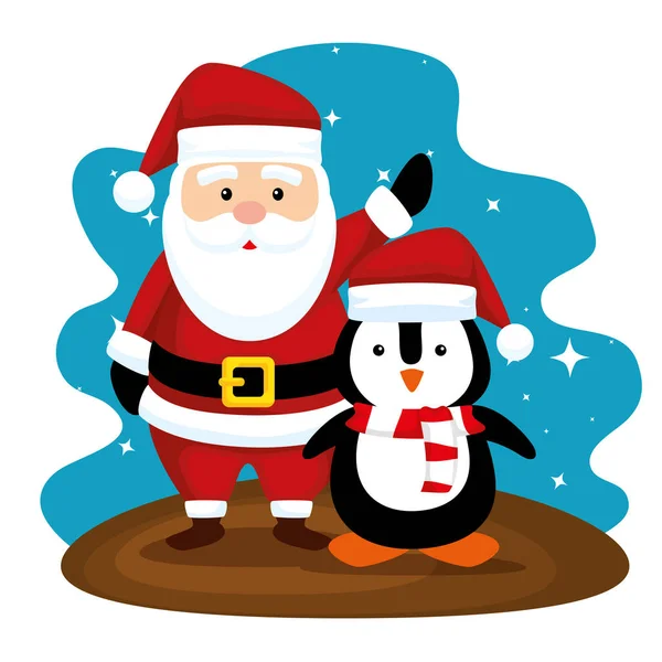 산타 클로스와 메리 크리스마스에 모자와 펭귄 — 스톡 벡터