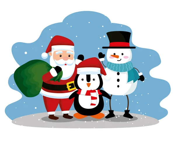 Santa claus with penguin and snowman to celebrate christmas — Stock Vector