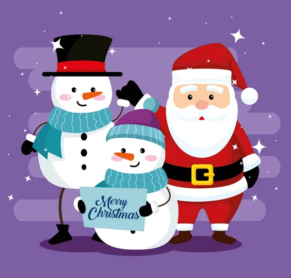 Bonhommes de neige portant un chapeau avec écharpe et Santa Claus — Image vectorielle