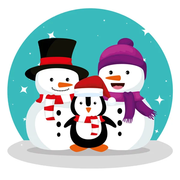 Bonhommes de neige et pingouin portant chapeau et foulard design — Image vectorielle