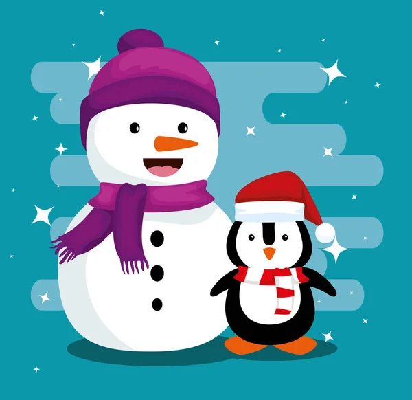 Снеговик и пингвин в шляпе и шарфе на Рождество — стоковый вектор