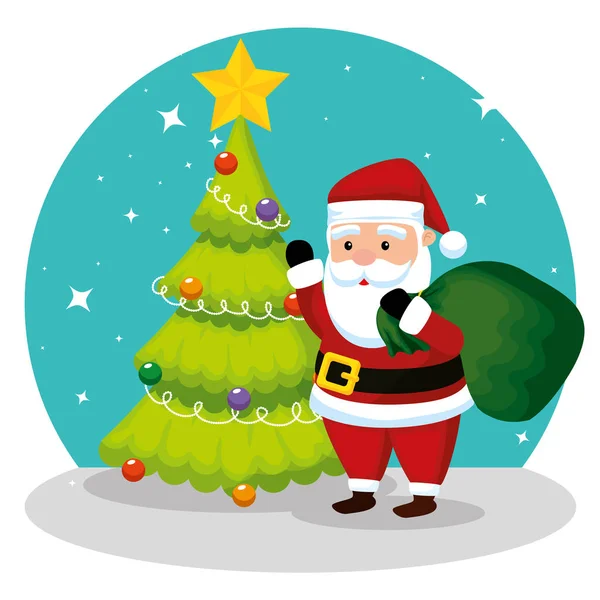 Pine tree and santa claus with bag — Stock Vector