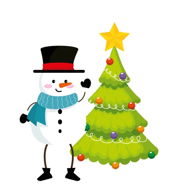Muñeco de nieve con sombrero y bufanda al lado de un pino — Vector de stock