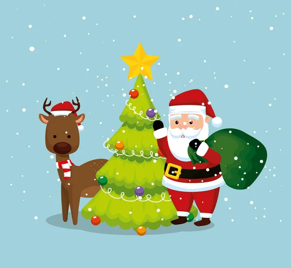 Weihnachtsmann mit Hirsch und Kiefer — Stockvektor