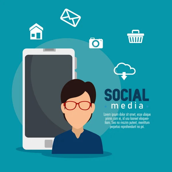 Uomo con app per smartphone e social media — Vettoriale Stock