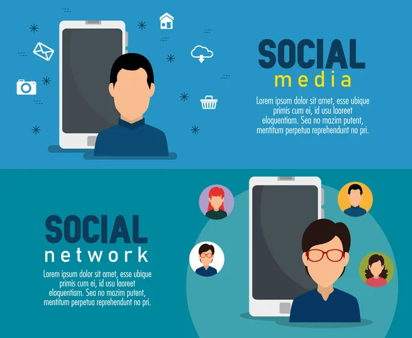 Állítsa be a férfi smartphone technológia a szociális média — Stock Vector