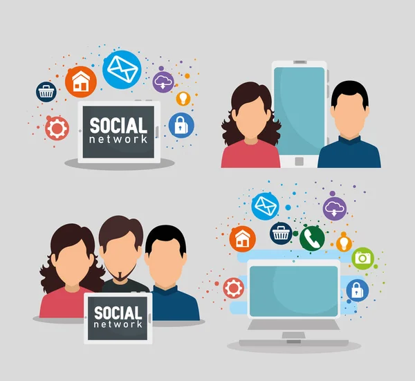 Definir as pessoas com tecnologia social e aplicativos digitais —  Vetores de Stock