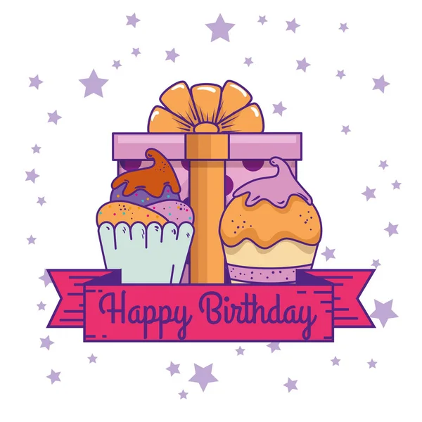 Cadeau cadeau avec muffins et ruban décoration pour anniversaire — Image vectorielle