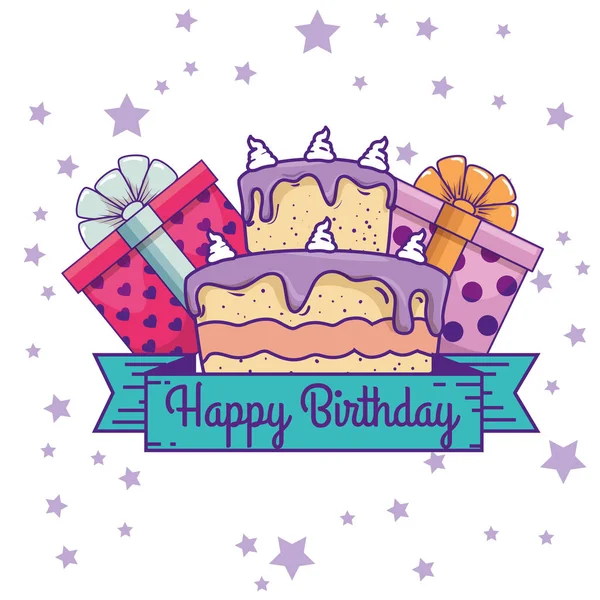 Geschenke mit Schleife und Kuchen zum Geburtstag — Stockvektor