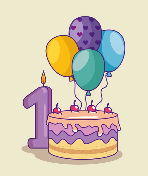 Buon compleanno con torta e canbe con il numero uno — Vettoriale Stock