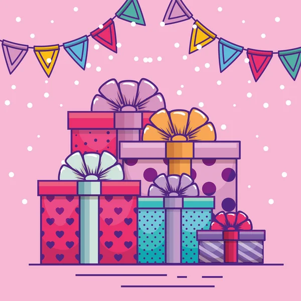 Feliz cumpleaños con regalos y decoración de banner de fiesta — Vector de stock