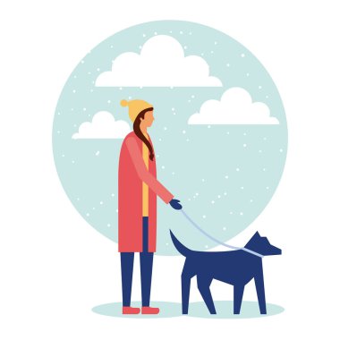 kadın yürüyüş köpek vektör çizim mutlu kış tatil etiket bulutlar kar
