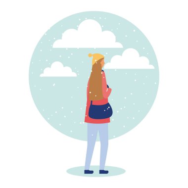 mutlu kış tatil vektör çizim yürüme çanta ile sarışın kız