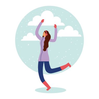 mutlu kış tatil etiket kadın eller dinle müzik vektör çizim yukarı bulutlar