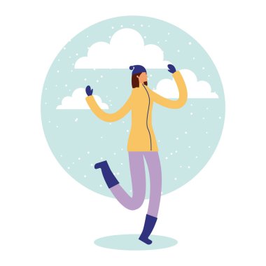 mutlu kış tatil kadın dinle müzik etiket bulutlar illüstrasyon vektör