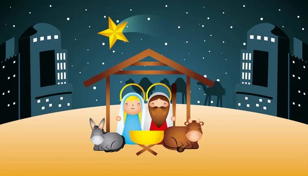 Presepe Epifania Dessert Case Sacra Famiglia Bue Asino Vettoriale Illustrazione — Vettoriale Stock