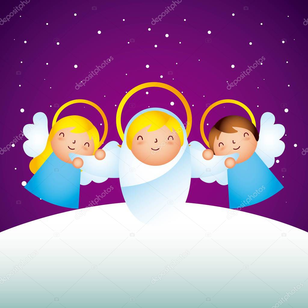manger epiphany cute angels holding baby vector illustration