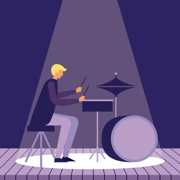 Μέσο Άνθρωπο Μουσική Παίζει Ντραμς Φώτα Παρουσίαση Εικονογράφηση Διάνυσμα — Διανυσματικό Αρχείο