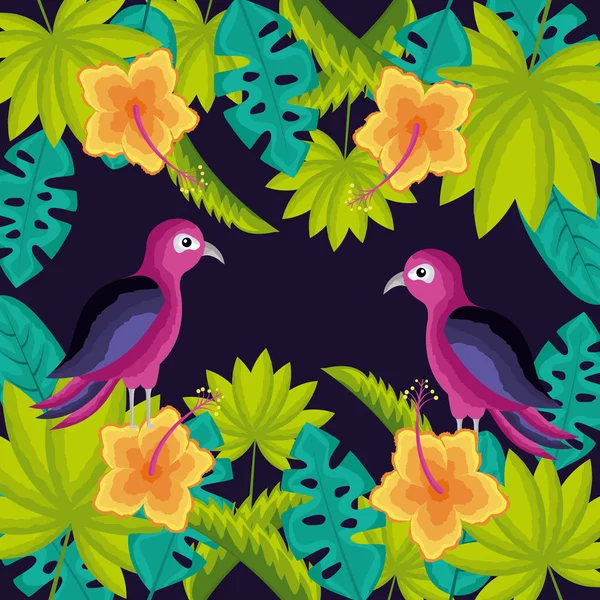 Tropikalnych Ptaków Naturalne Kwiaty Hibiskusa Pozostawia Ilustracja Wektorowa — Wektor stockowy