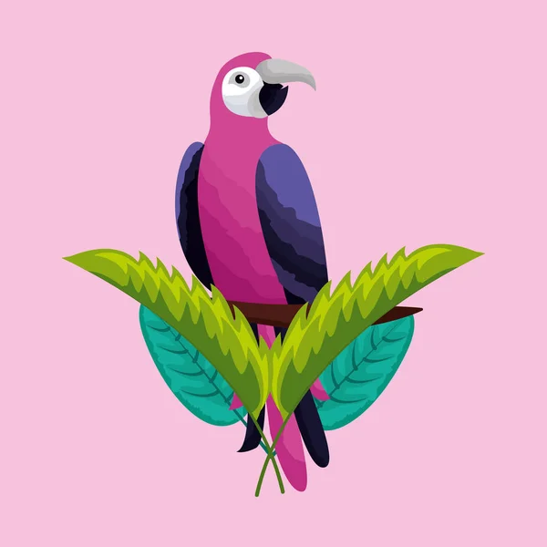 Ilustracja Wektorowa Tropikalna Papuga Naturalnych Liści Roślin — Wektor stockowy